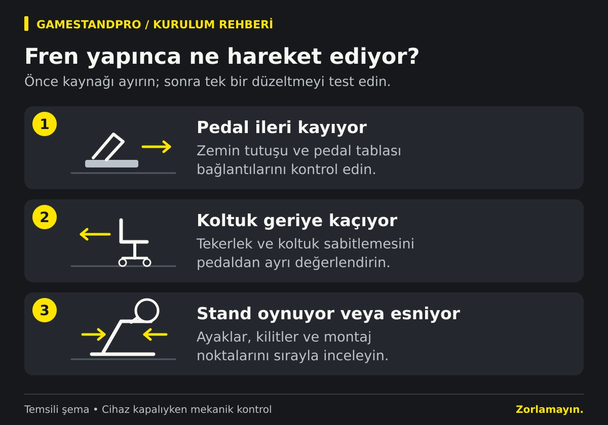 Fren sırasında ileri kayan pedal, geriye kaçan koltuk ve oynayan standı ayrı ayrı gösteren üç bölümlü temsili kontrol şeması.