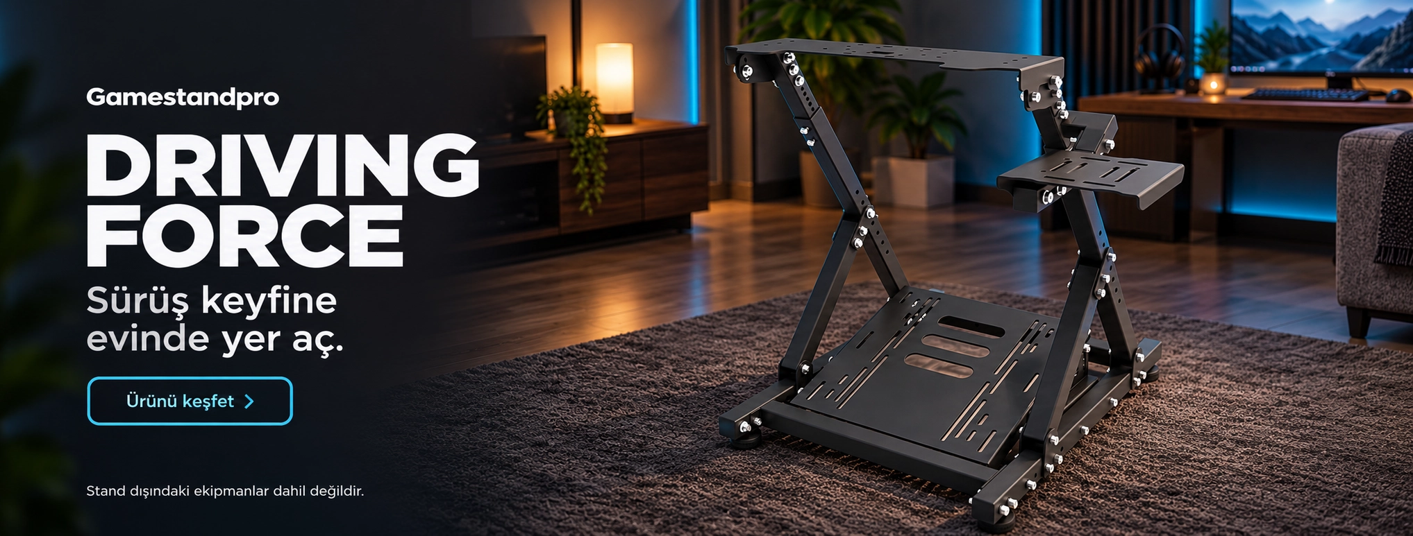 Gamestandpro Driving Force direksiyon standı, modern ev oyun odasında