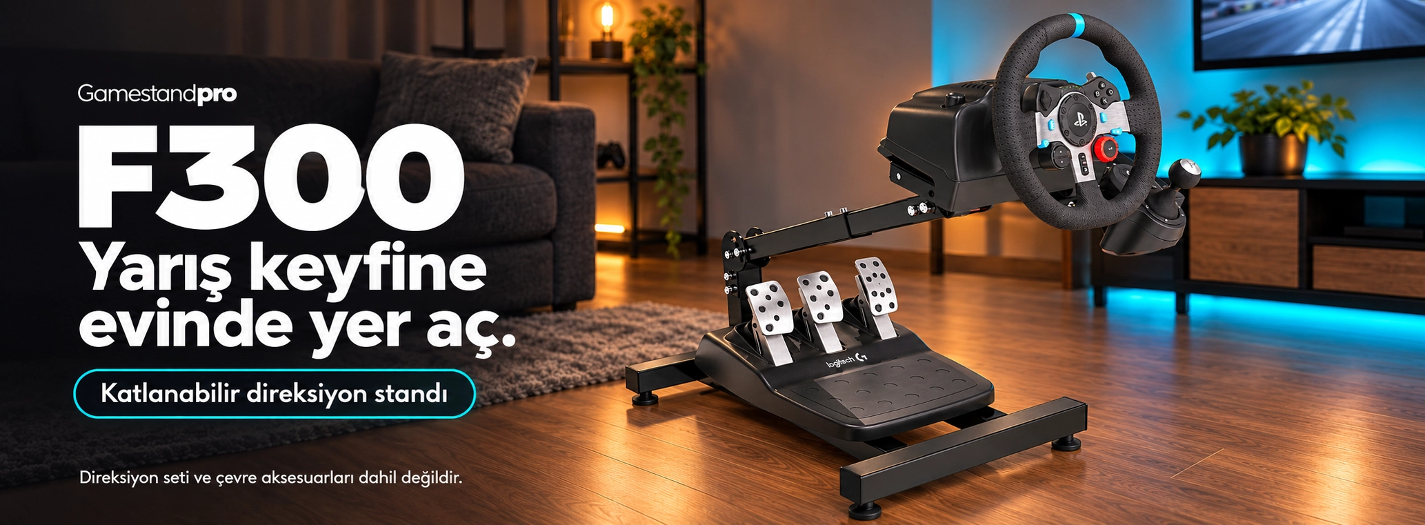 Gamestandpro F300 direksiyon standı, ev oyun odasında kullanım örneği; direksiyon seti ve çevre aksesuarları dahil değildir.