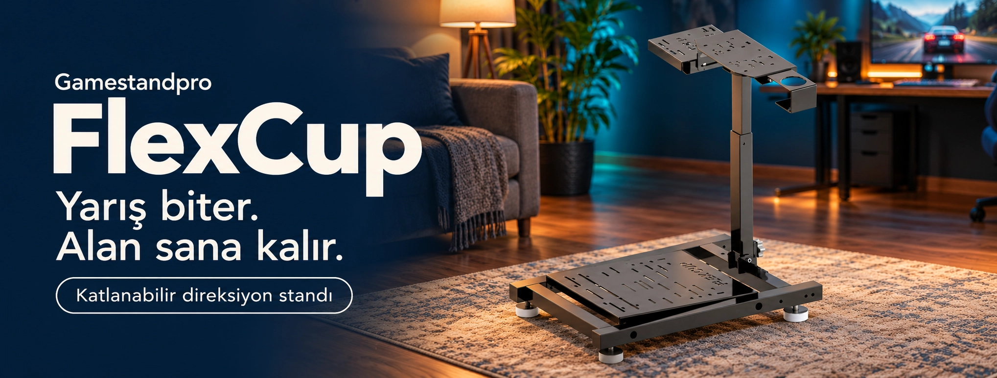 Gamestandpro FlexCup katlanabilir direksiyon standı, modern ev oyun odasında
