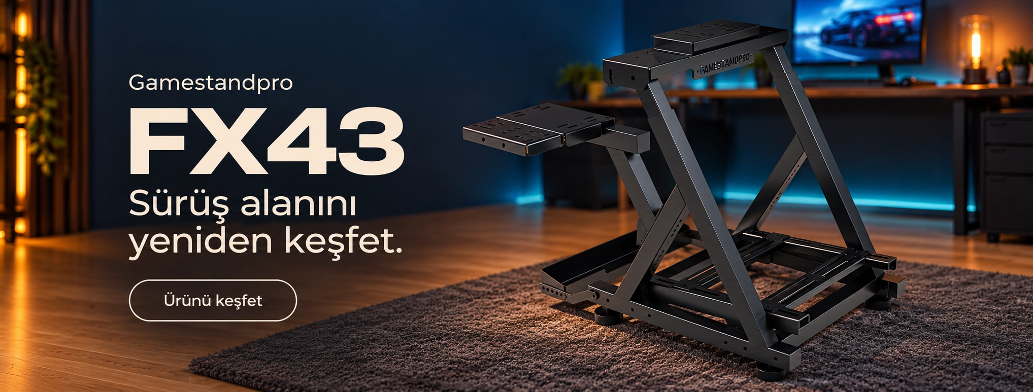 Gamestandpro FX43 direksiyon standı, sıcak ışıklı ev oyun odasında