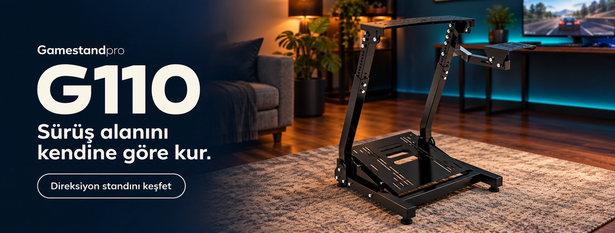 Gamestandpro G110 direksiyon standı, modern ev oyun odasında
