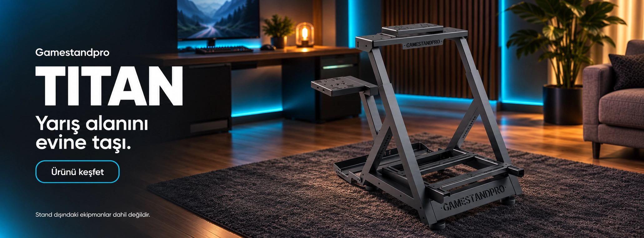 Gamestandpro Titan direksiyon standı, modern ev oyun odasında